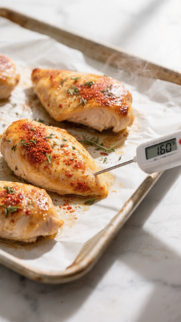 Overhead shot of freshly roasted oven-baked chicken breasts on a parchment-lined sheet pan at 425°F