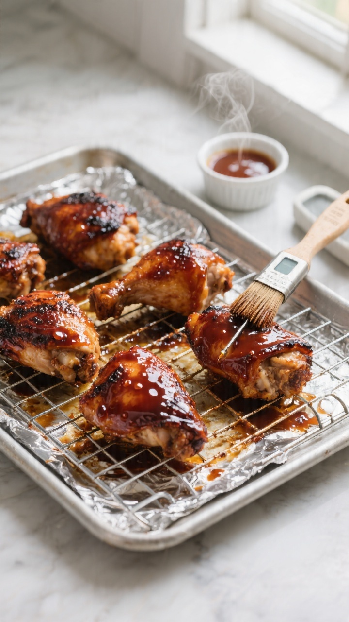 Overhead shot of oven-broiled BBQ chicken thighs on a wire rack set over a foil-lined sheet pan, sau