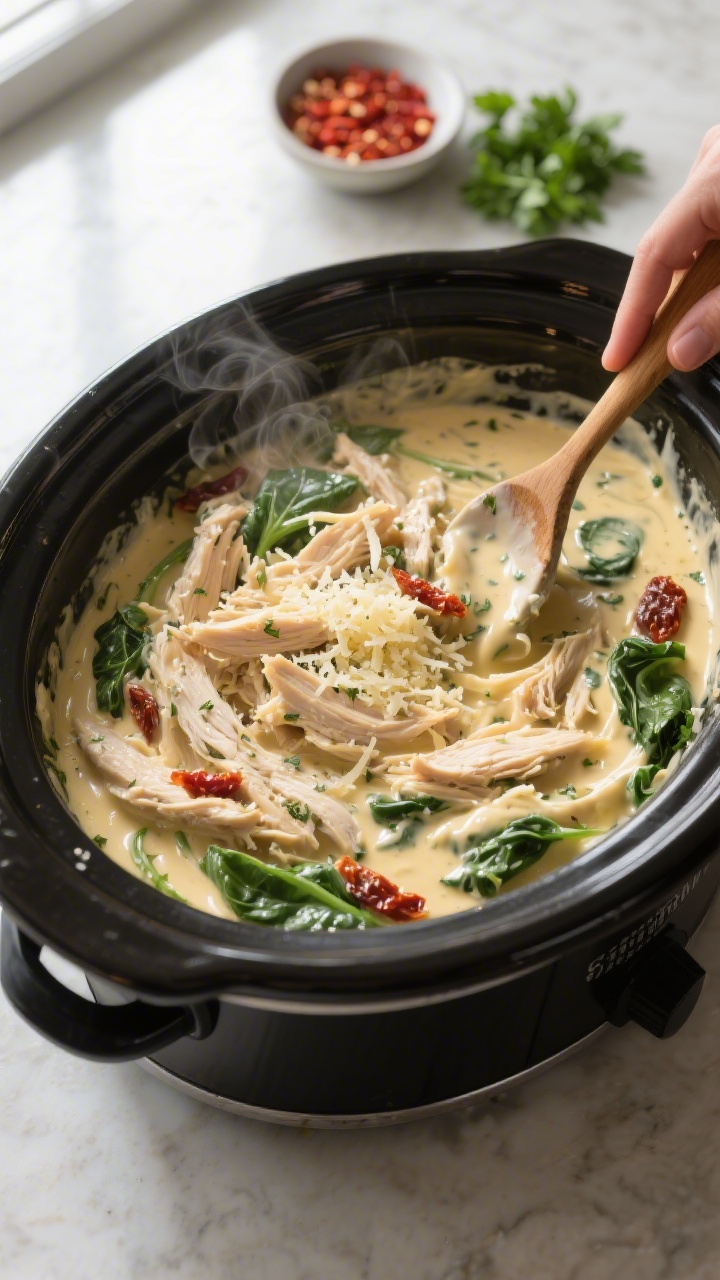 Overhead shot of shredded slow-cooker Italian cream cheese chicken being folded back into the glossy