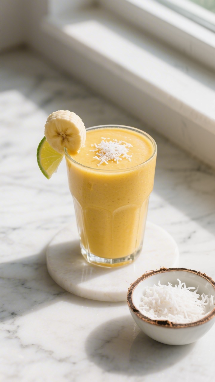 Overhead shot of the Classic Creamy Mango Coconut Smoothie just poured into a chilled clear glass, u