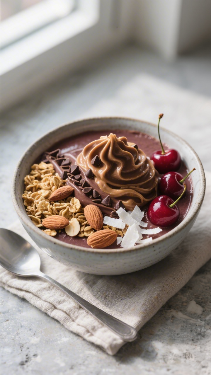 Overhead shot of the finished Chocolate Covered Cherry Smoothie Bowl in a chilled matte ceramic bowl