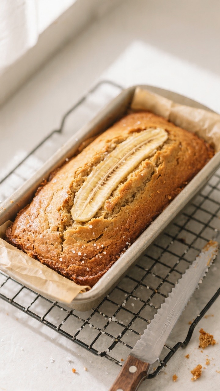Overhead shot of the freshly baked gluten-free banana bread cooling on a wire rack, loaf out of a pa