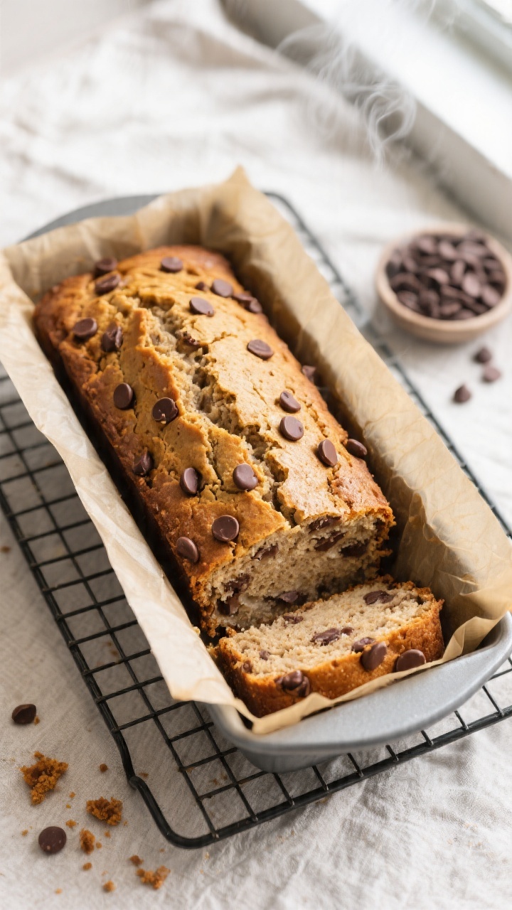 Overhead shot of the freshly baked gluten-free chocolate chip banana bread resting on a cooling rack