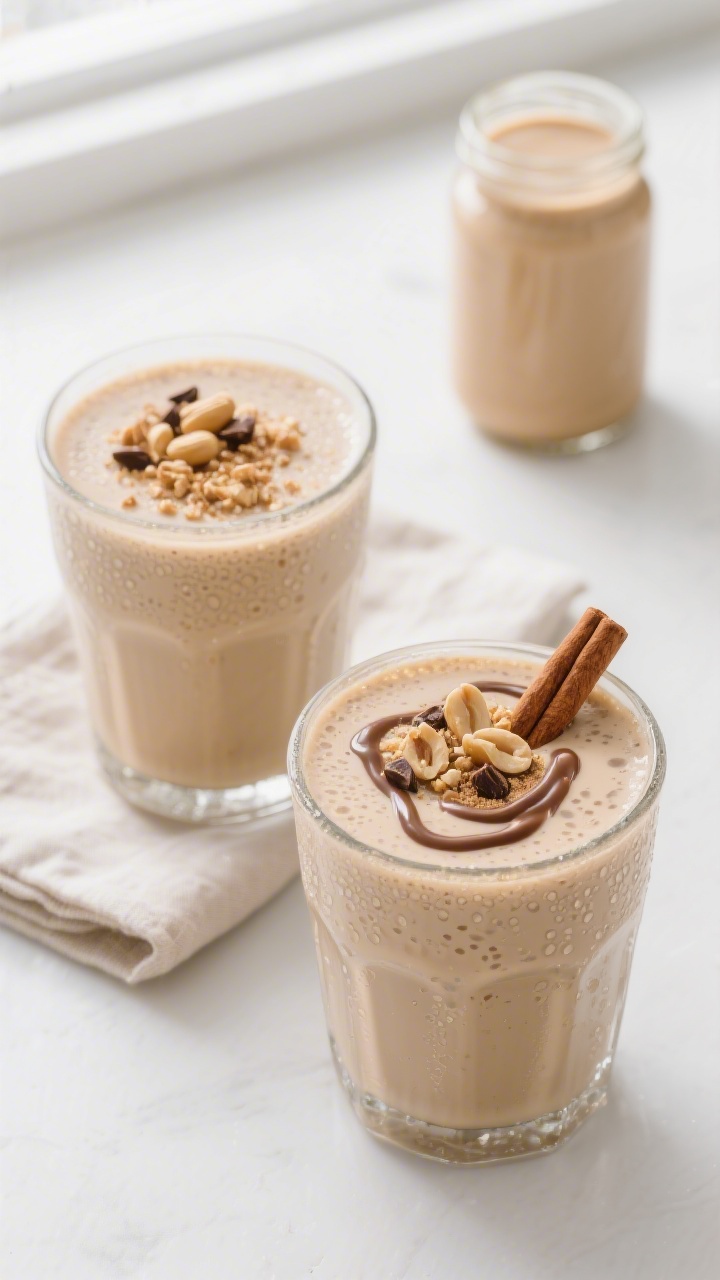 Overhead shot of two chilled glasses of vanilla peanut butter protein shake just poured, thick and f