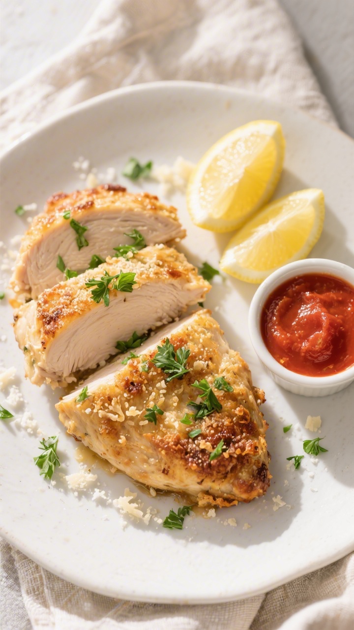 Overhead, top-view of the final plated Parmesan Chicken Bake: two sliced pieces revealing juicy, opa