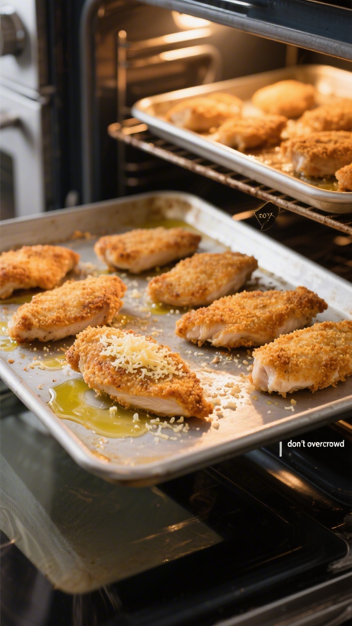 Process action scene without people: breaded chicken cutlets arranged with space on a preheated, lig