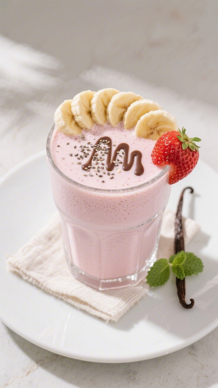 Tasty top-view final presentation: Overhead shot of a finished banana strawberry milkshake in a fros