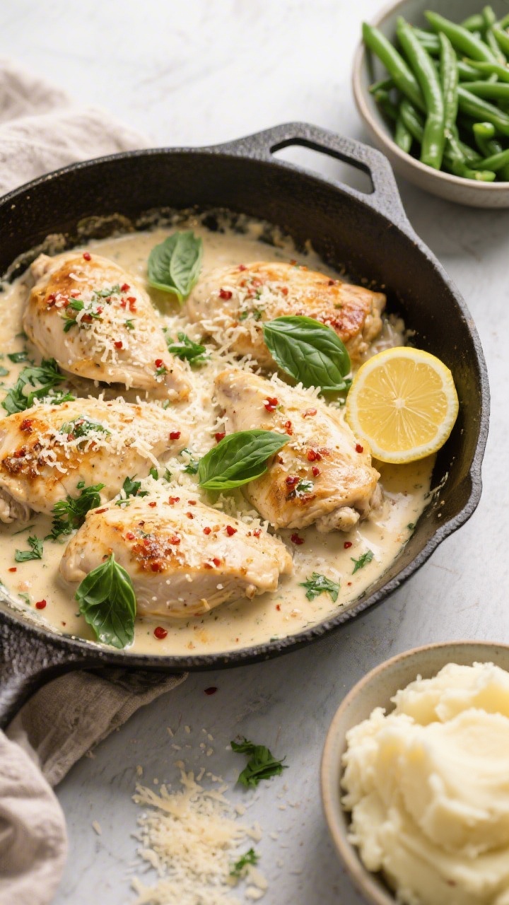 Tasty top view: Overhead shot of Creamy Garlic Parmesan Chicken served family-style in a large skill