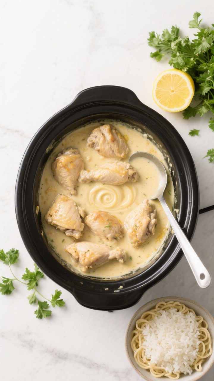 Tasty top view: Overhead shot of “Melt In Your Mouth Chicken” served family-style in a black slo