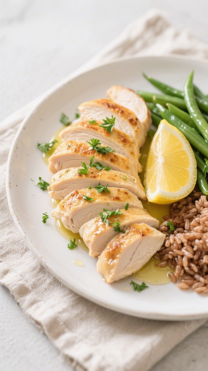 Tasty top view: Overhead shot of sliced baked chicken breast arranged in a neat fan on a white ceram