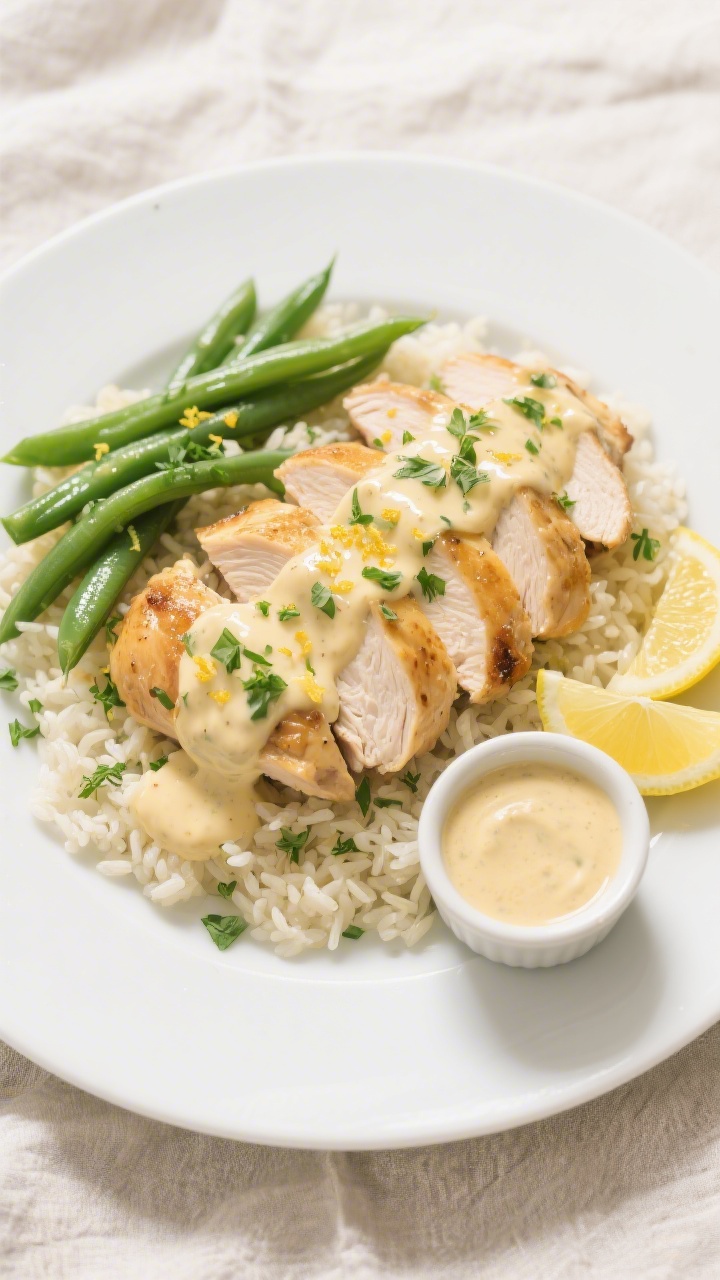 Tasty top view: Overhead shot of sliced Melt In The Mouth Chicken arranged over lemon herb rice with